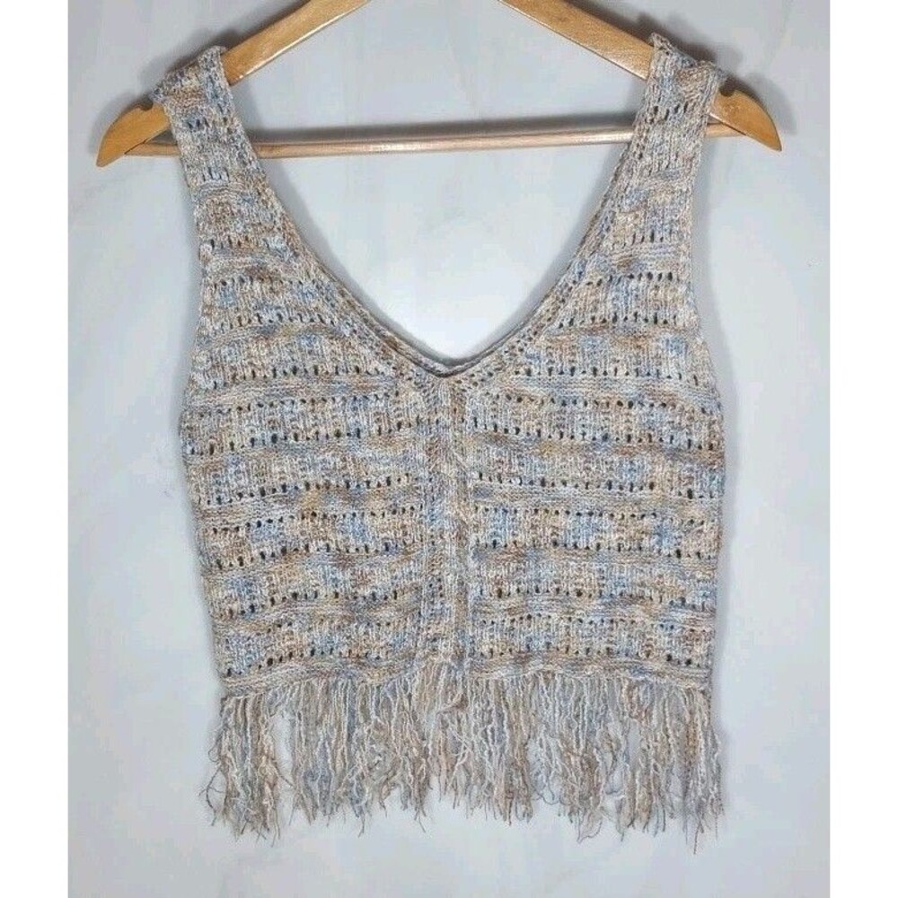 Love Knits NYC Boho Open Knit Fringe Sweater Tank Top Marled Sleeveless L
